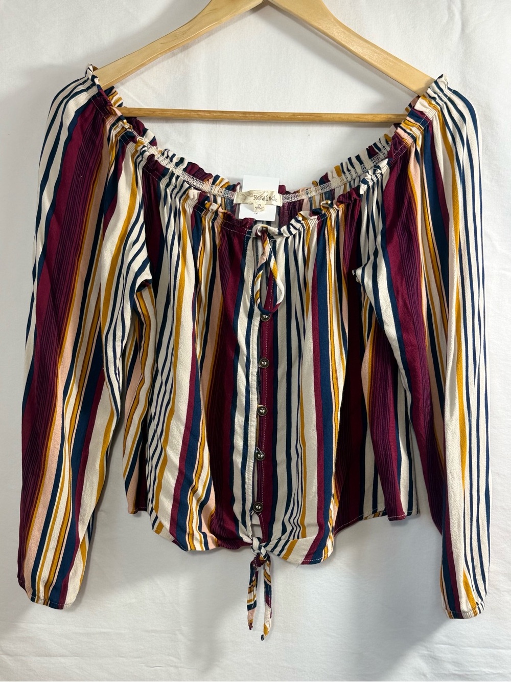 Rewind Burgundy Navy Mustard Striped Off-Shoulder Tie-Front Top